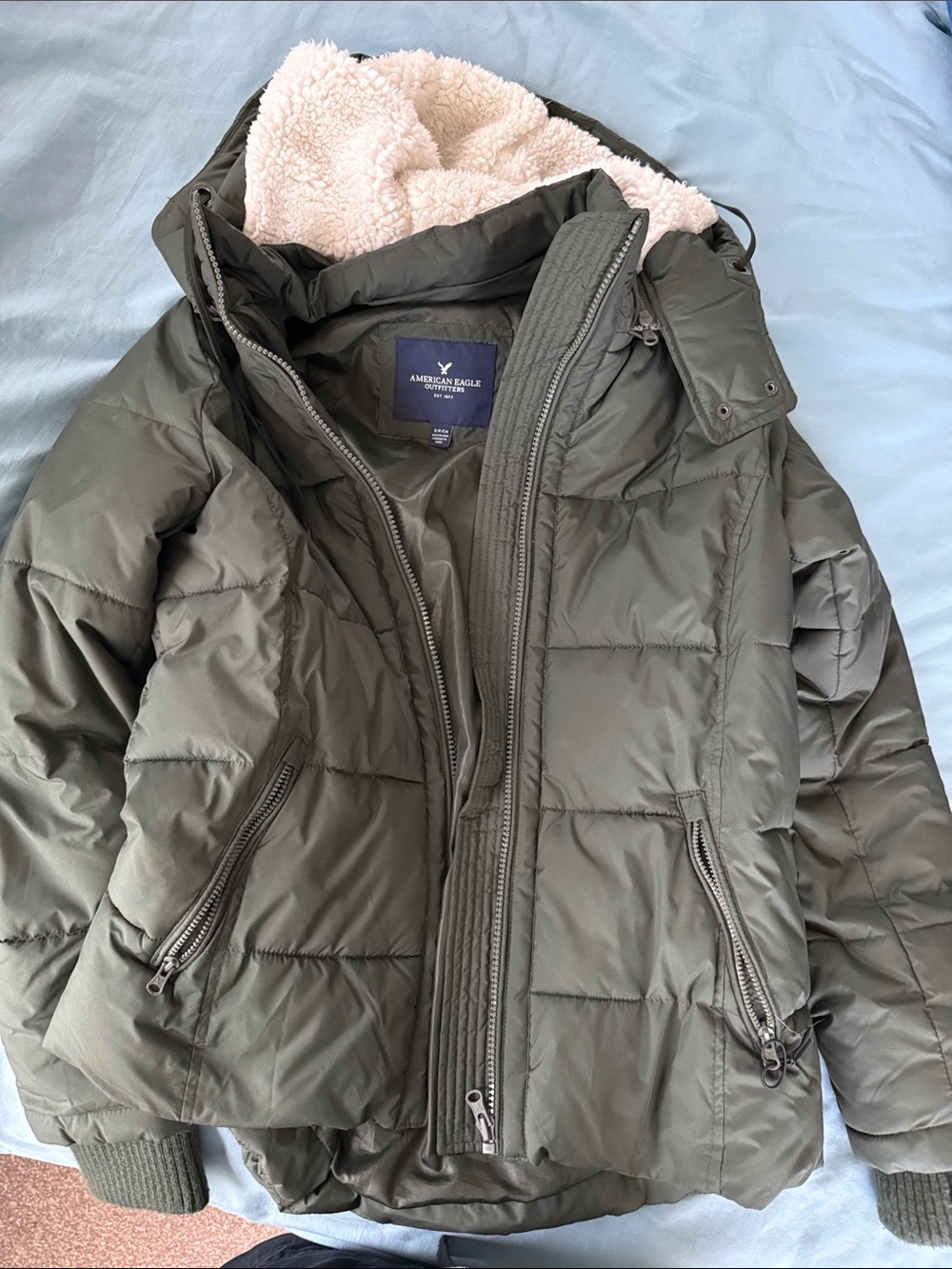 American Eagle Olive Green Puffer Jacket with Sherpa Lining
